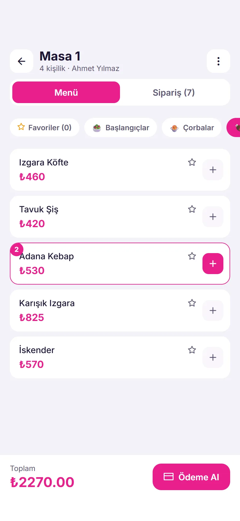 Garson uygulaması sipariş ekranı