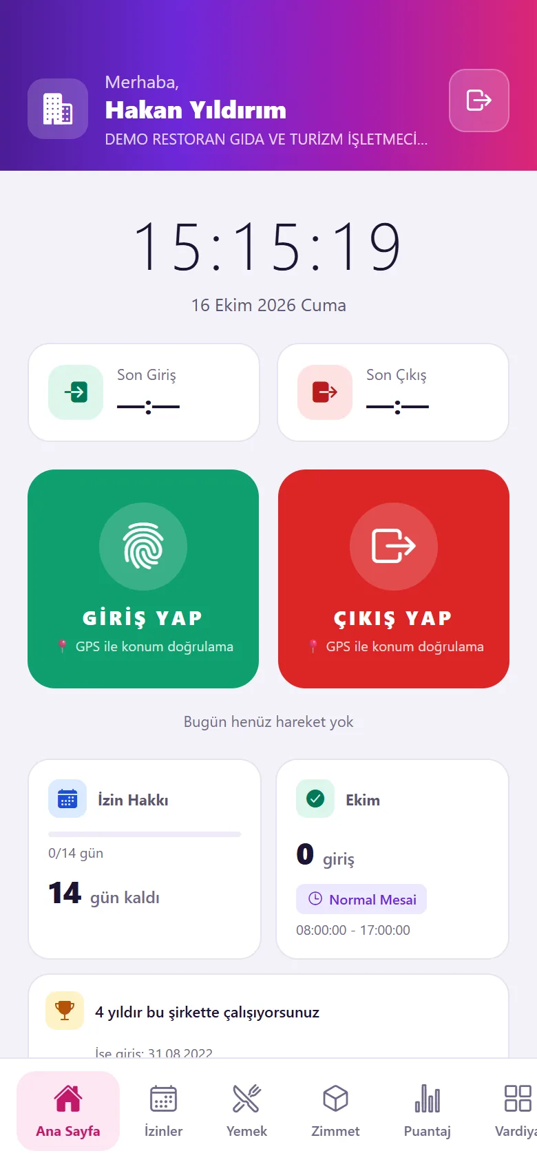 PDKS uygulaması giriş-çıkış ekranı